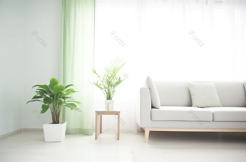 清新沙发绿植窗帘现代室内设计简单干净风格,高清,摄影图,摄影图片,图片大全,摄影图免费下载